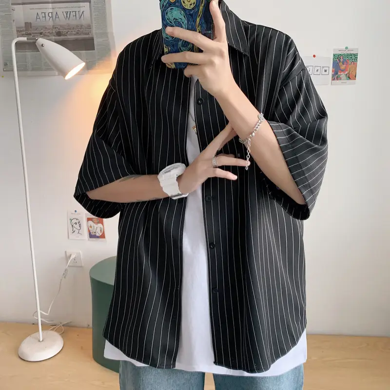 Men Striped Half Sleeve Shirt Hong Kong Style Loose Fit - Image 7