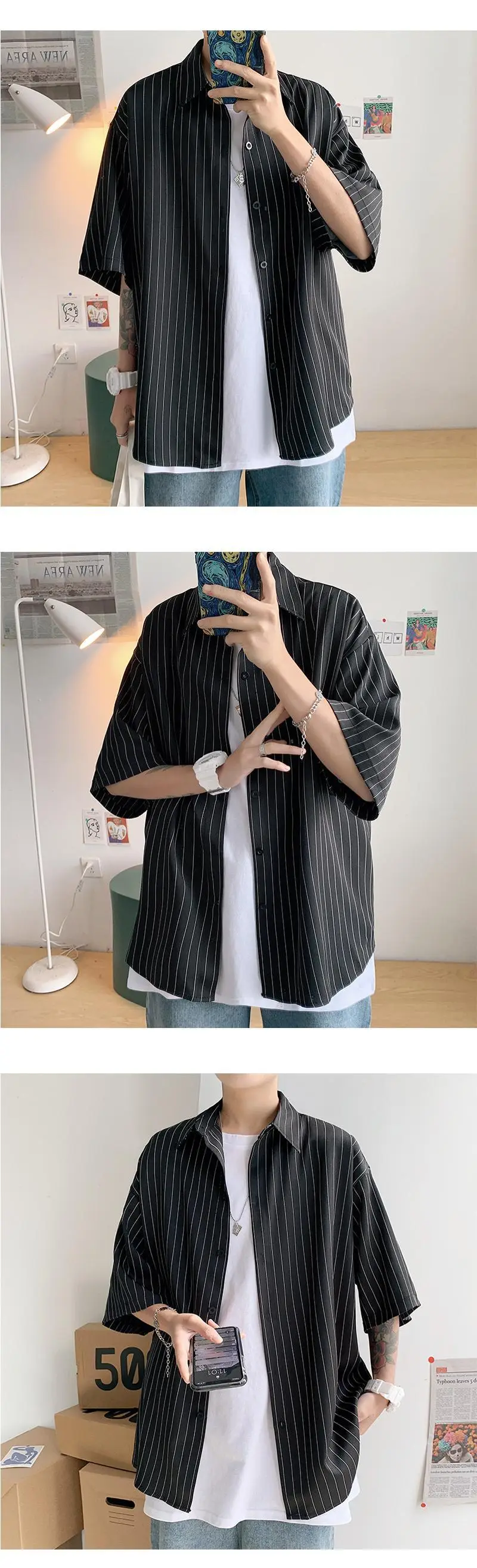 Men Striped Half Sleeve Shirt Hong Kong Style Loose Fit — feature 4