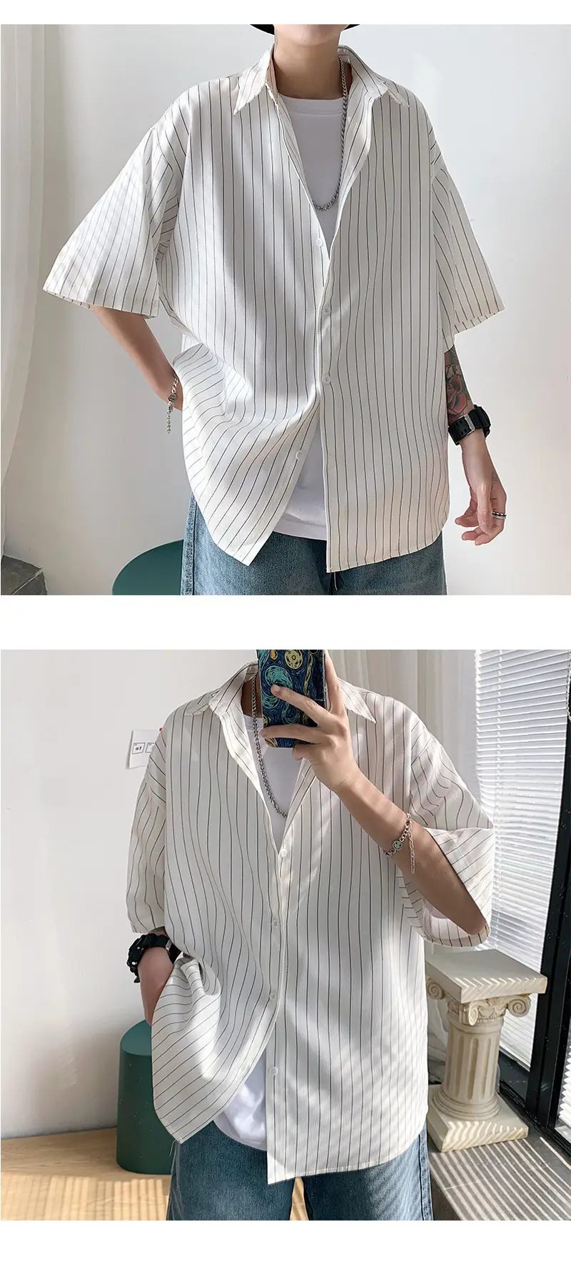 Men Striped Half Sleeve Shirt Hong Kong Style Loose Fit — feature 9