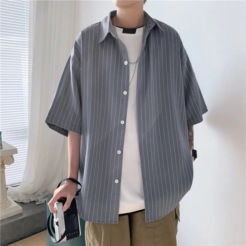 Men Striped Half Sleeve Shirt Hong Kong Style Loose Fit - Image 3