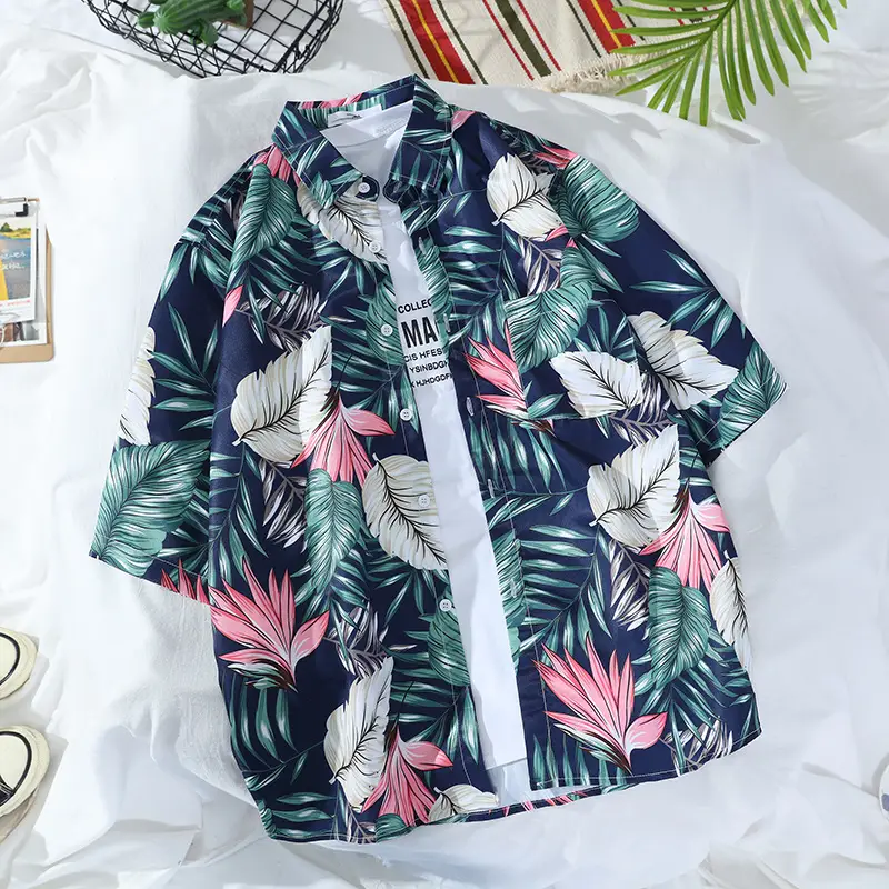 Men's Hawaiian Printed Shirt Blue Tropical Loose Fit - Image 12
