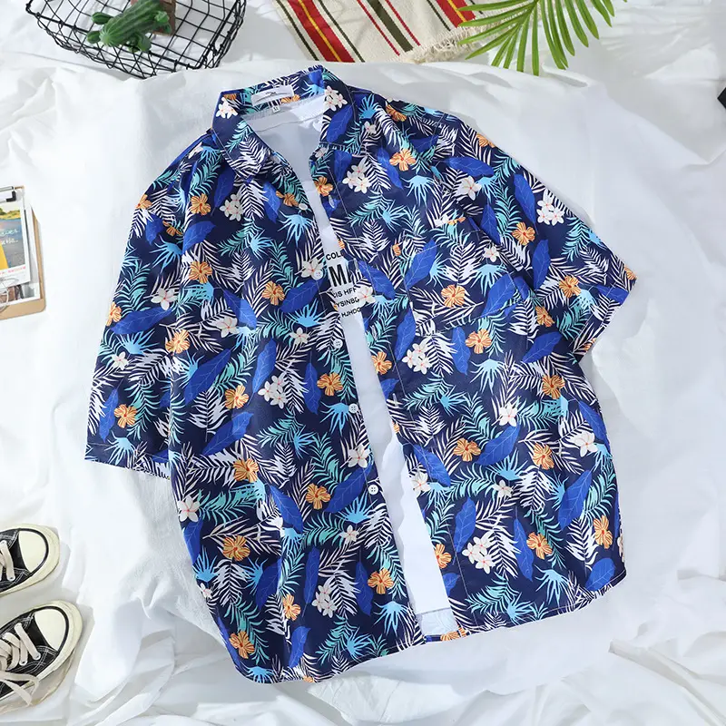 Men's Hawaiian Printed Shirt Blue Tropical Loose Fit - Image 14