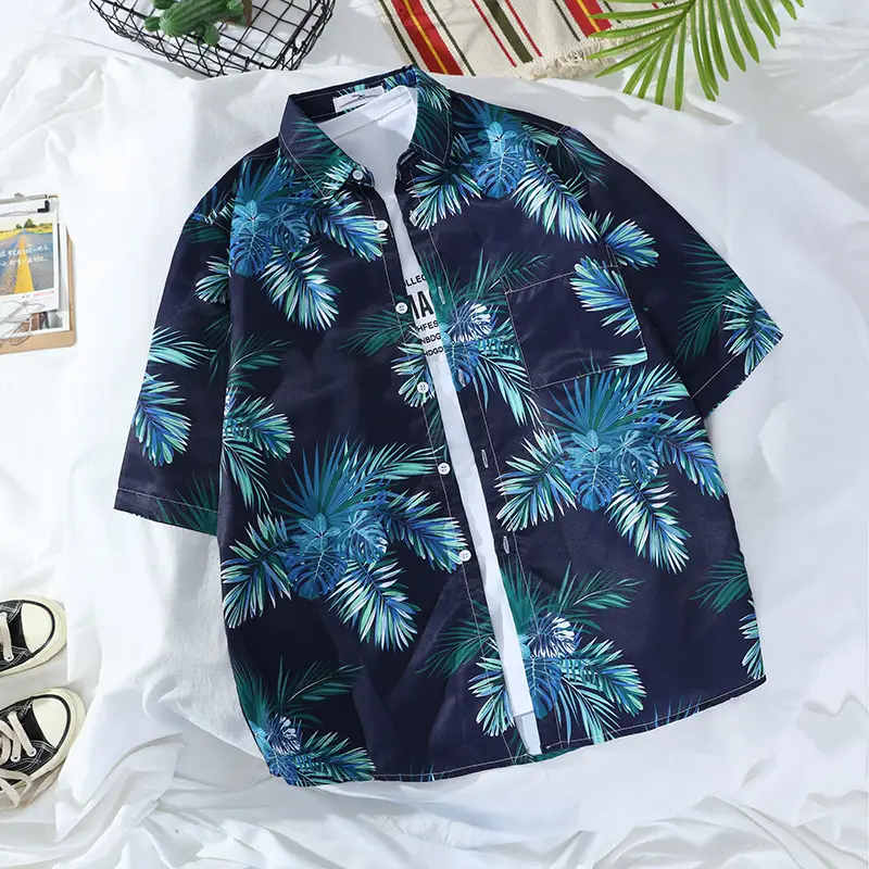 Men's Hawaiian Printed Shirt Blue Tropical Loose Fit - Image 9