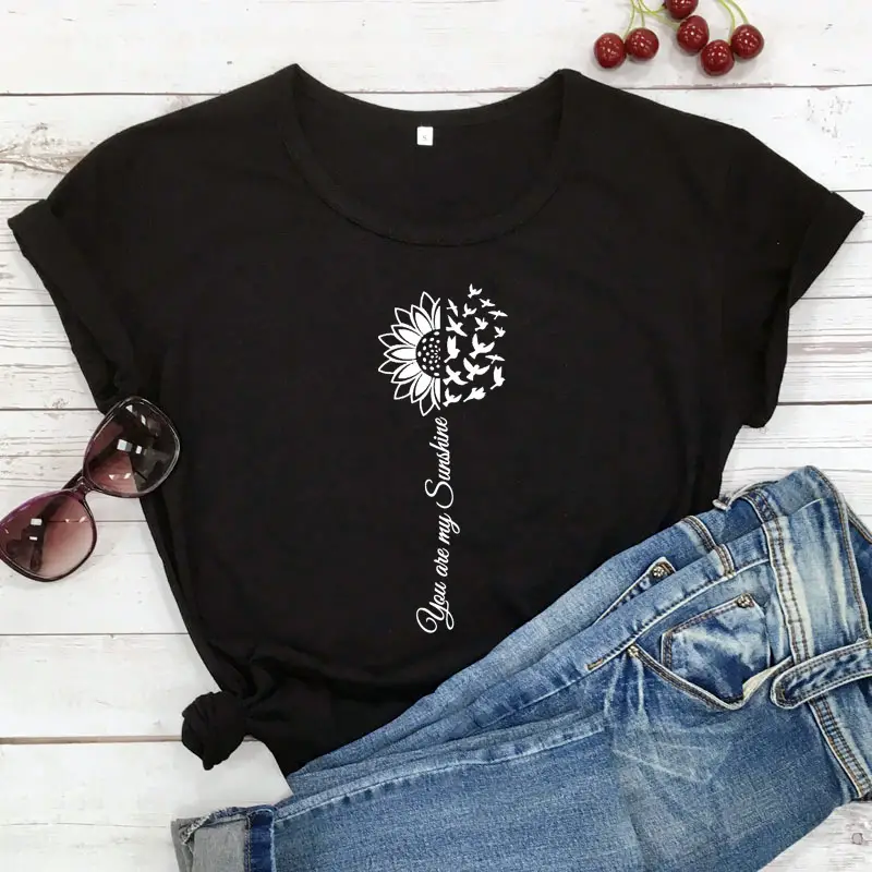 Black Floral Graphic T-Shirt with "You Are My Sunshine" Design - Image 2