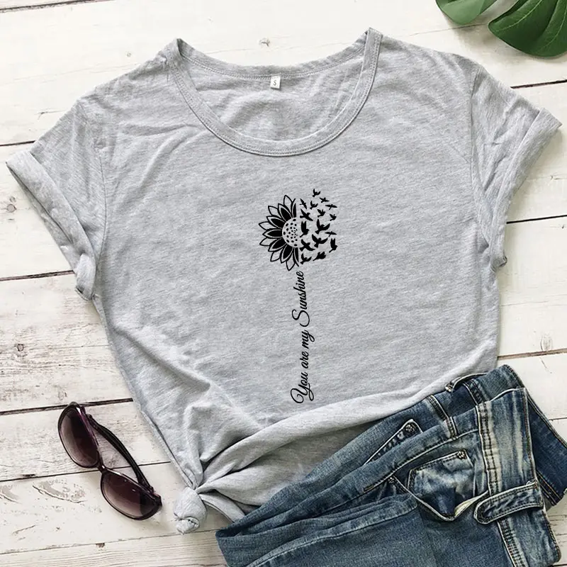 Black Floral Graphic T-Shirt with "You Are My Sunshine" Design - Image 3