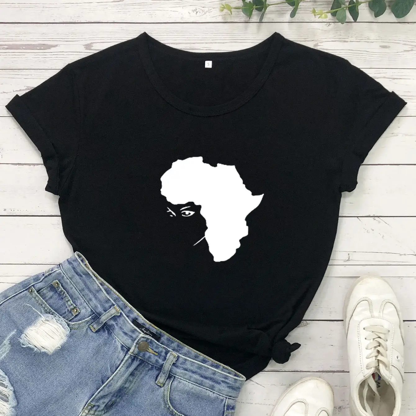 Black Hair Girl Map Design T-Shirt White - Image 2