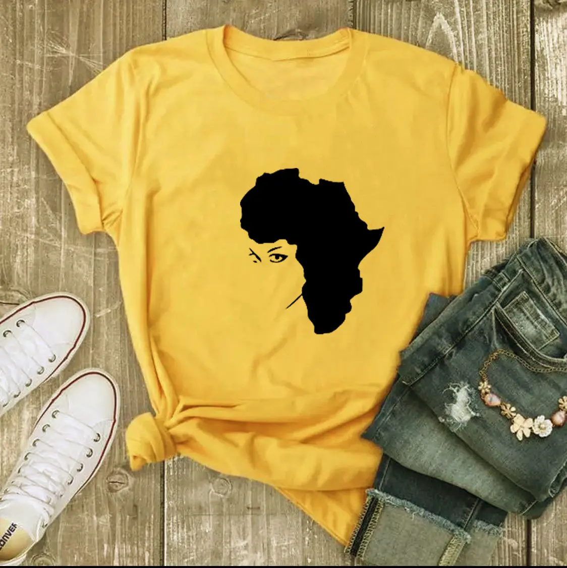 Black Hair Girl Map Design T-Shirt White - Image 5
