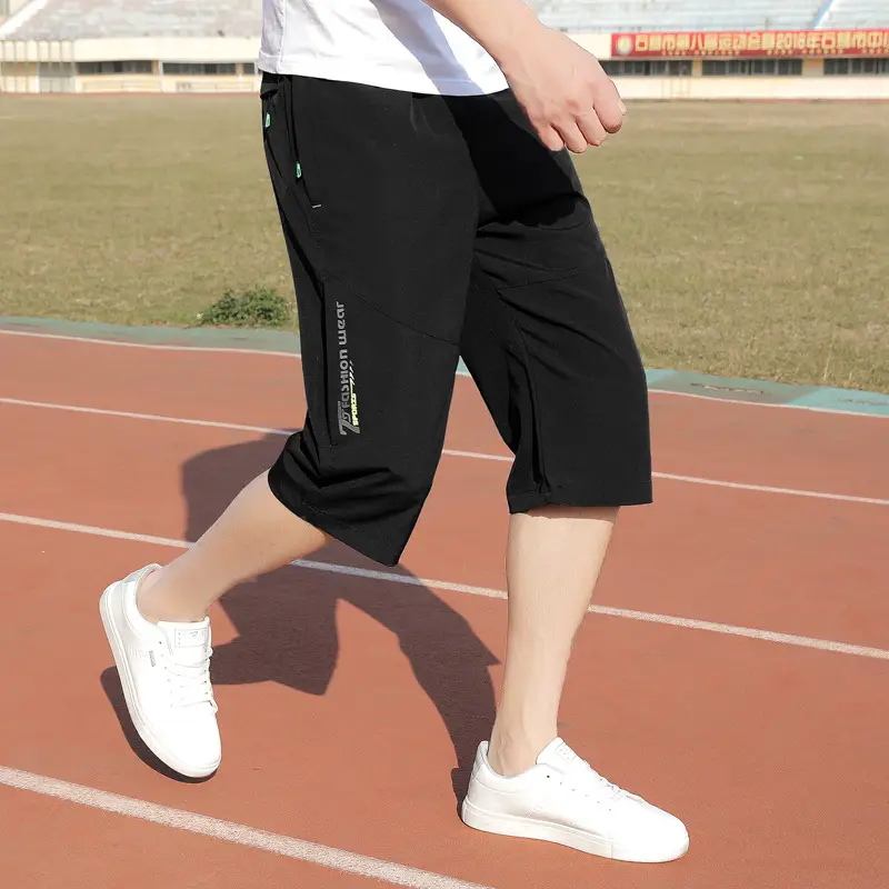 Men Ice Silk Cropped Shorts Black Large Summer Wear