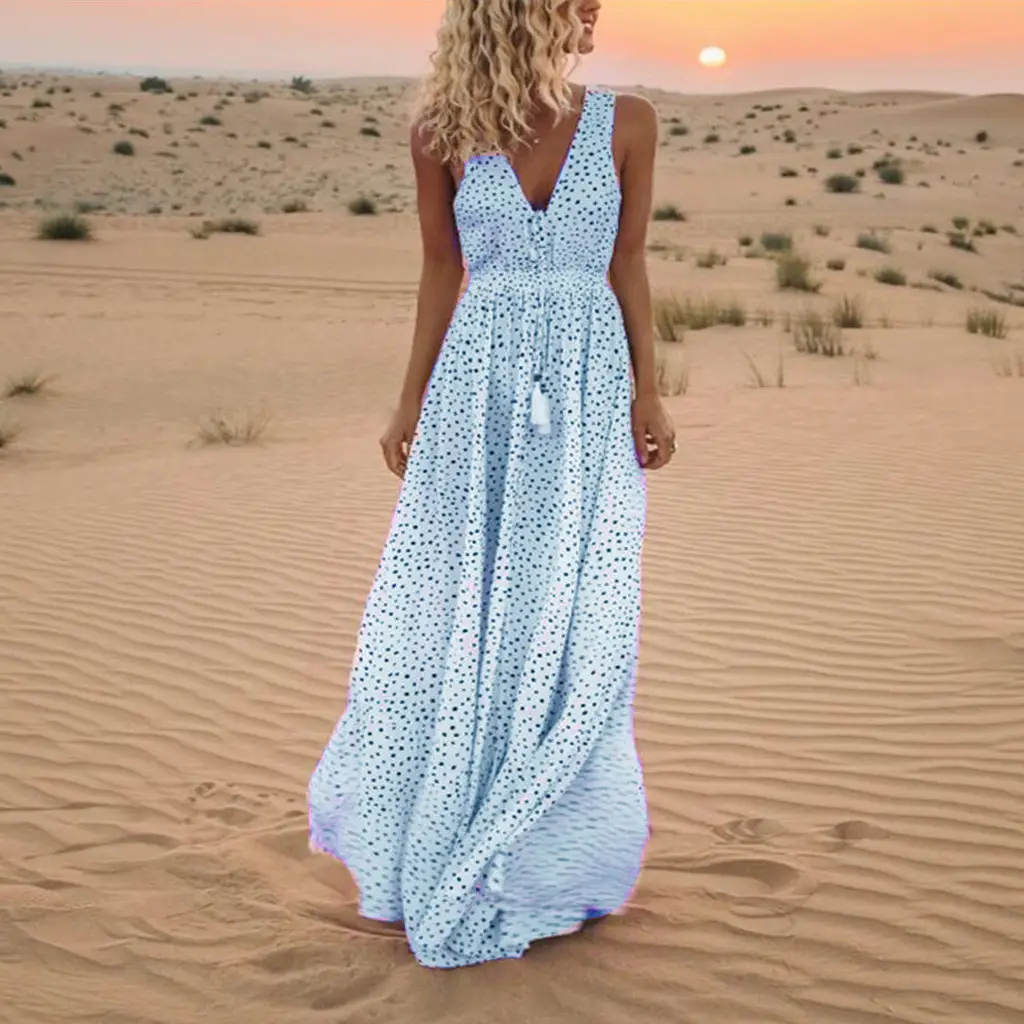 Summer V-Neck Sleeveless Beach Dress with Tassel