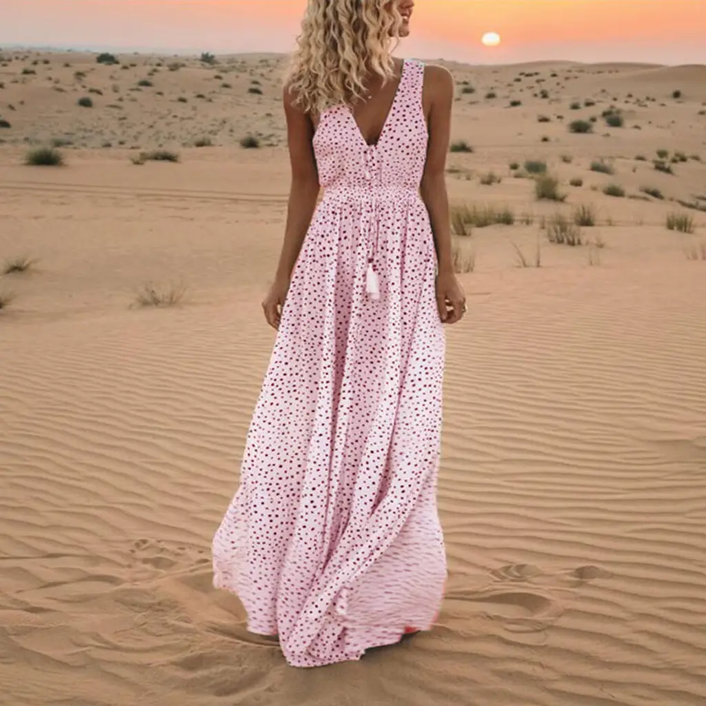 Summer V-Neck Sleeveless Beach Dress with Tassel