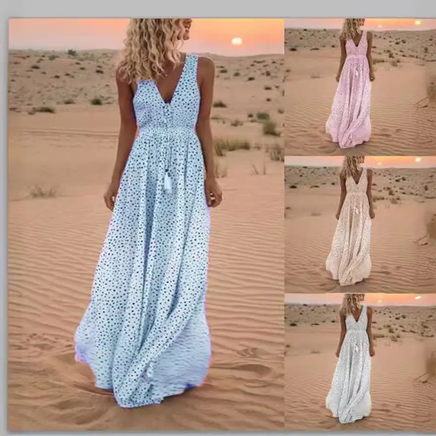Summer V-Neck Sleeveless Beach Dress with Tassel