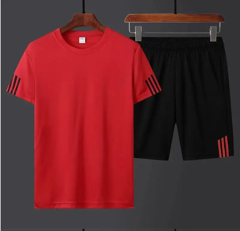 Men Red Black Sports Suit Large Size Shorts T-Shirt - Image 5