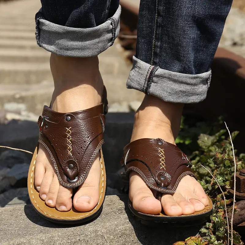 Men's Cowhide Hip Flip-Flops Summer Sandals