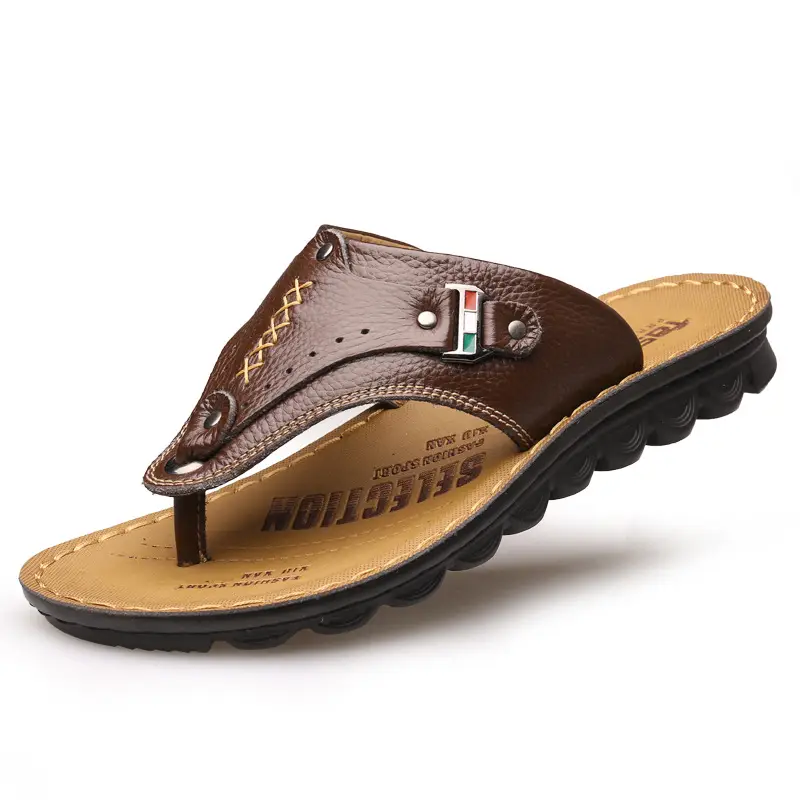 Men's Cowhide Hip Flip-Flops Summer Sandals