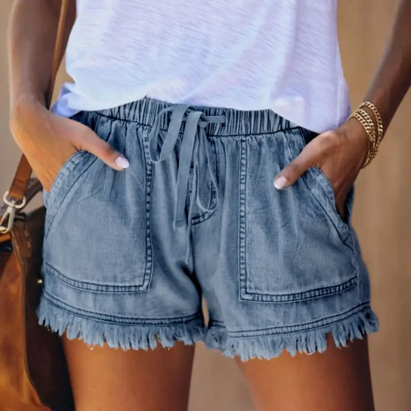 Women Denim Shorts Elastic Waist Tassel Casual Slim Fit