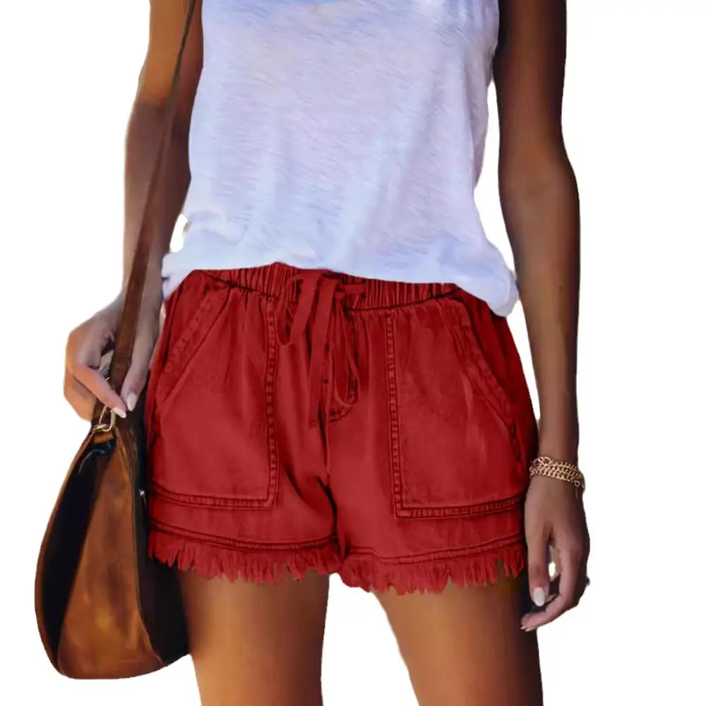 Women Denim Shorts Elastic Waist Tassel Casual Slim Fit