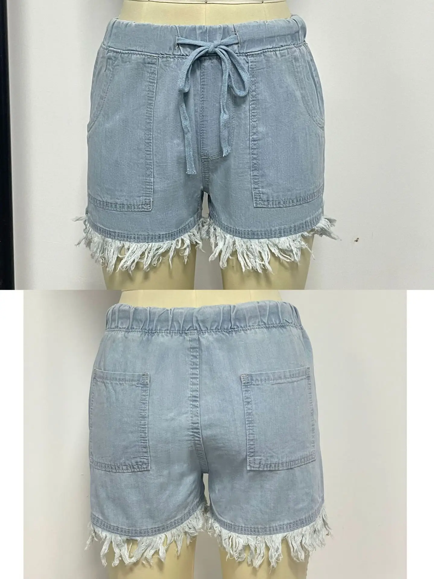 Women Denim Shorts Elastic Waist Tassel Casual Slim Fit — feature 4