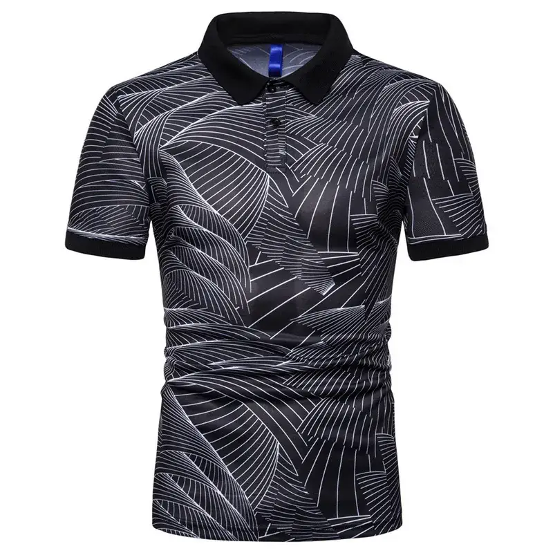 Men Wave Print Polo T-Shirt Blue Short Sleeve - Image 2