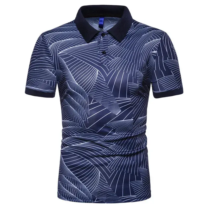 Men Wave Print Polo T-Shirt Blue Short Sleeve - Image 3
