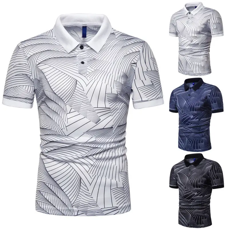 Men Wave Print Polo T-Shirt Blue Short Sleeve — feature 5