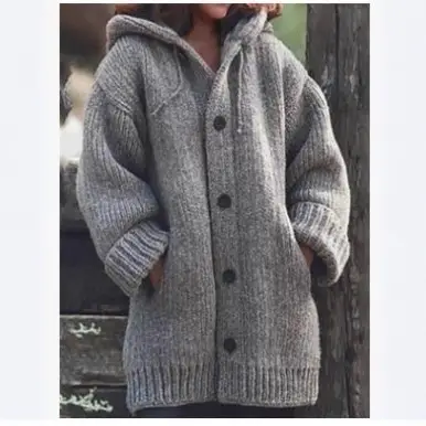 Grey Knitted Hoodie Plus Size Women's Long Sleeve - Image 12