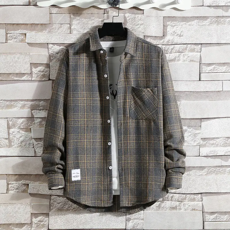 Men's Plaid Woolen Long Sleeve Shirt Red Brown