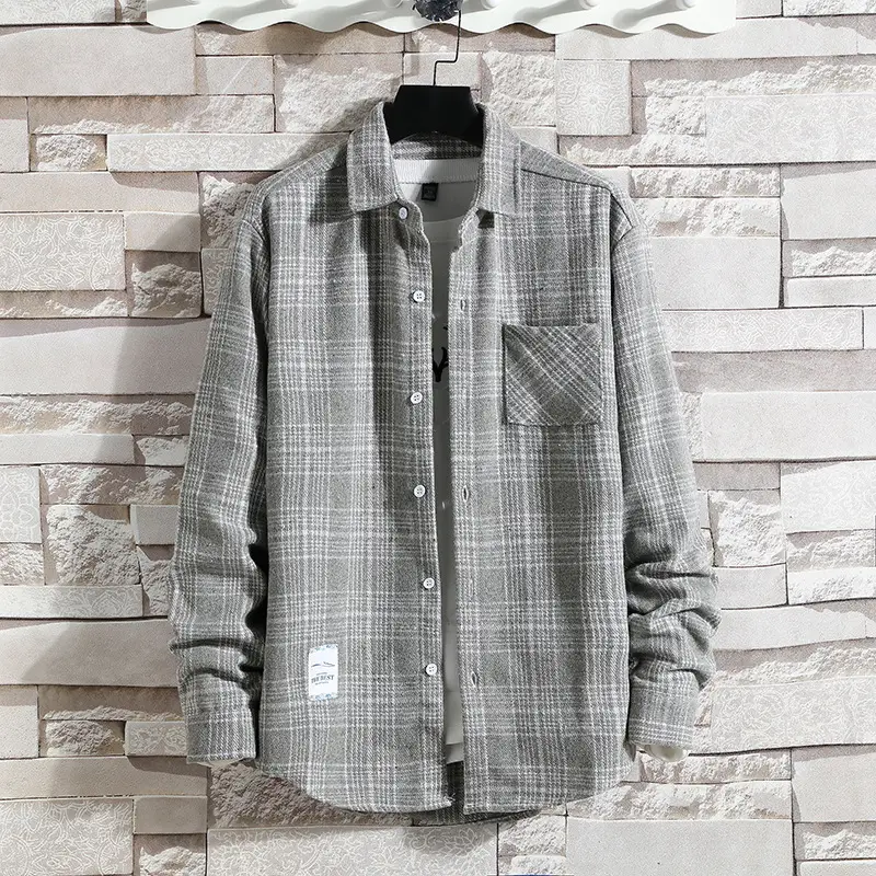 Men's Plaid Woolen Long Sleeve Shirt Red Brown