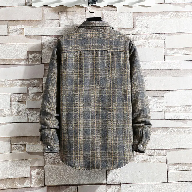 Men's Plaid Woolen Long Sleeve Shirt Red Brown