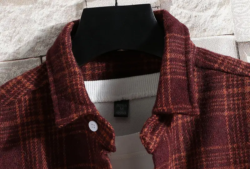 Men's Plaid Woolen Long Sleeve Shirt Red Brown