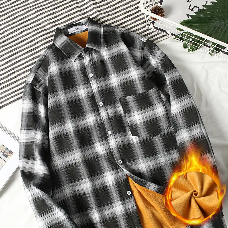 Men's Plaid Fleece Shirt Jacket Long Sleeve Red Black - Image 4
