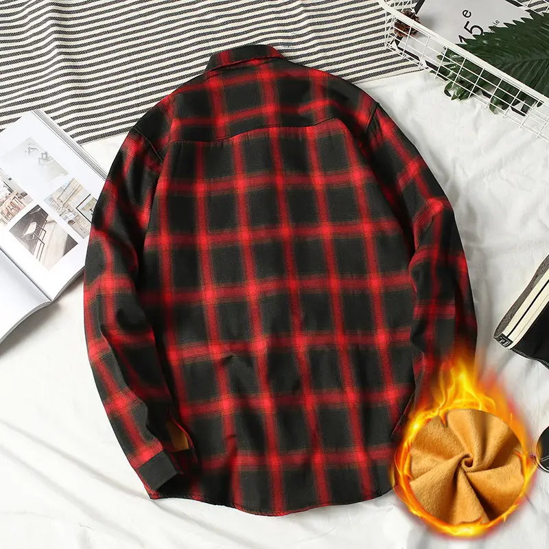 Men's Plaid Fleece Shirt Jacket Long Sleeve Red Black - Image 5