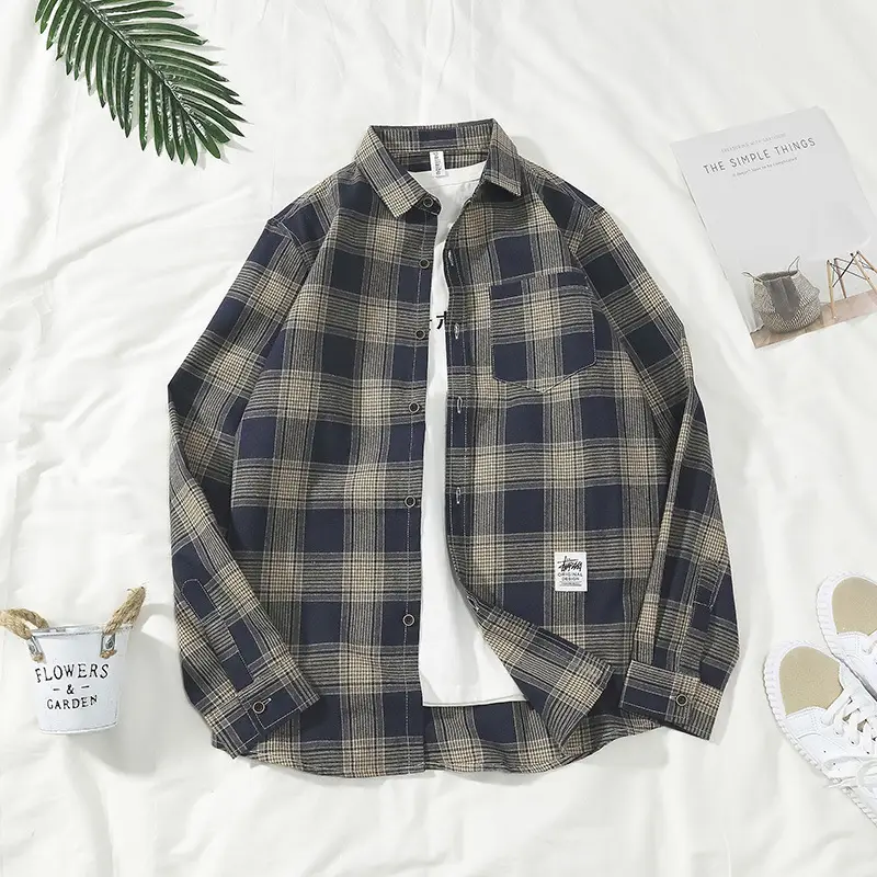Hong Kong style plaid shirt coat for men long sleeve youth casual - Image 2