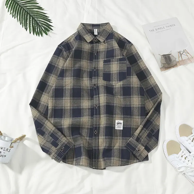 Hong Kong style plaid shirt coat for men long sleeve youth casual - Image 3