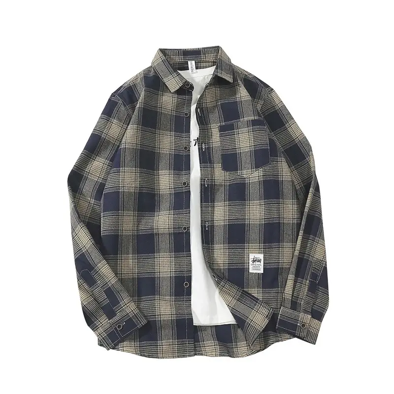 Hong Kong style plaid shirt coat for men long sleeve youth casual - Image 6