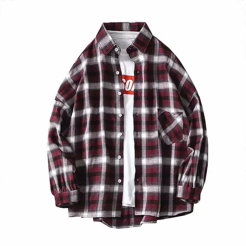 Men's Red Plaid Button Shirt Long Sleeve - Image 8
