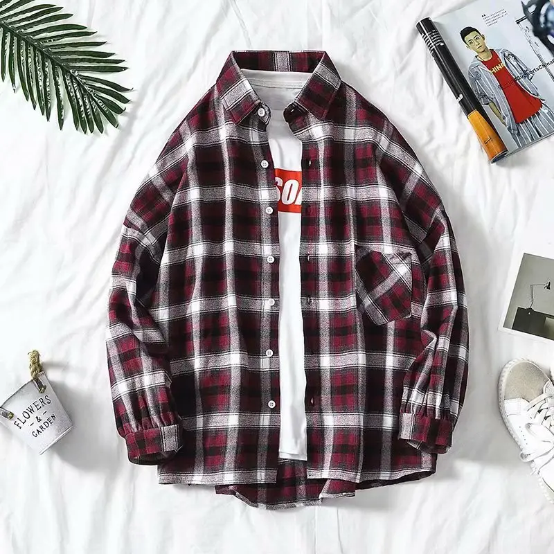 Men's Red Plaid Button Shirt Long Sleeve - Image 2