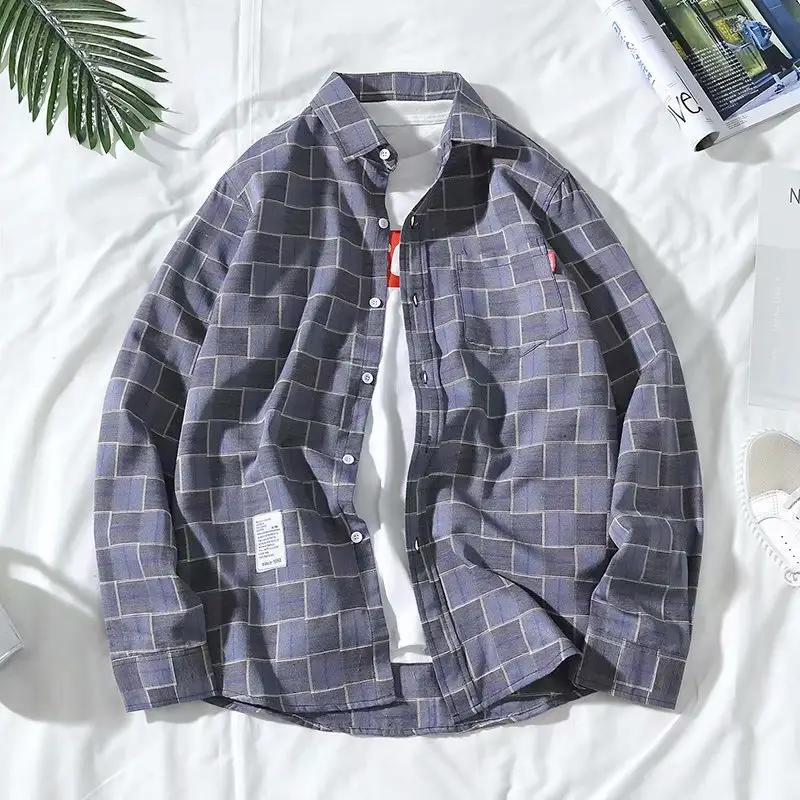 Men's Korean Style Plaid Long Sleeve Shirt - Image 4