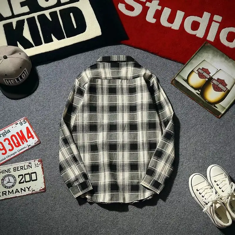 Men's Plaid Long Sleeve Shirt Black White Summer - Image 2