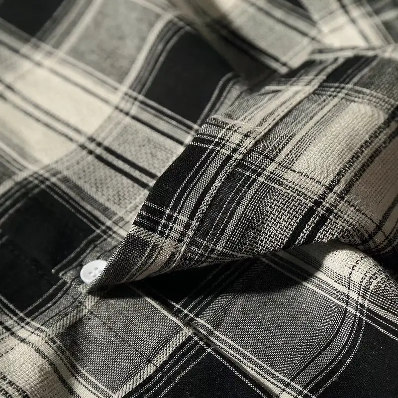 Men's Plaid Long Sleeve Shirt Black White Summer - Image 5