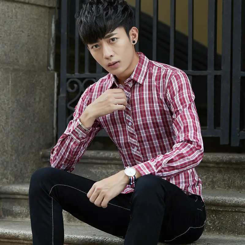 Men Plaid Striped Long Sleeve Shirt Autumn Wear - Image 5