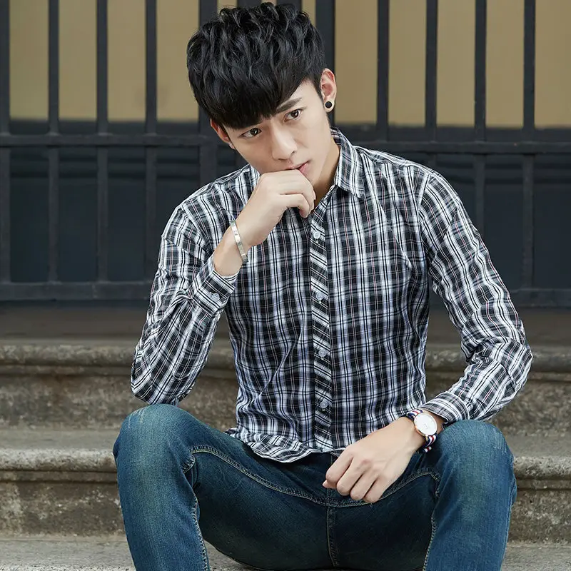 Men Plaid Striped Long Sleeve Shirt Autumn Wear - Image 4