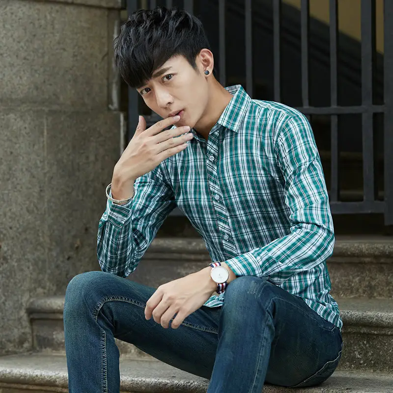 Men Plaid Striped Long Sleeve Shirt Autumn Wear - Image 2