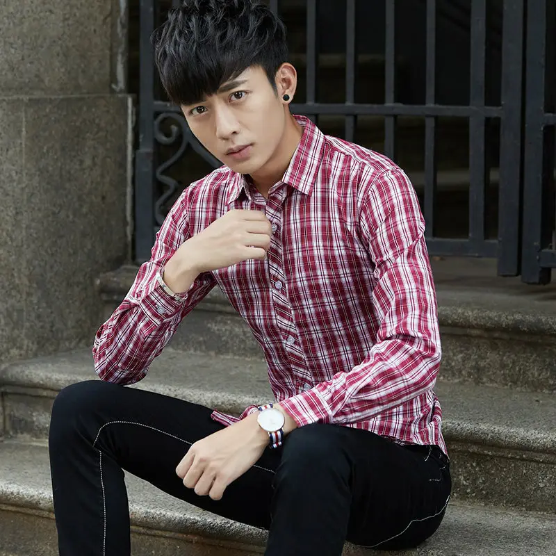 Men Plaid Striped Long Sleeve Shirt Autumn Wear - Image 3