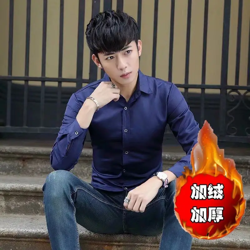 Men Fleece Long Sleeve Shirt Maroon Thick Warm - Image 5