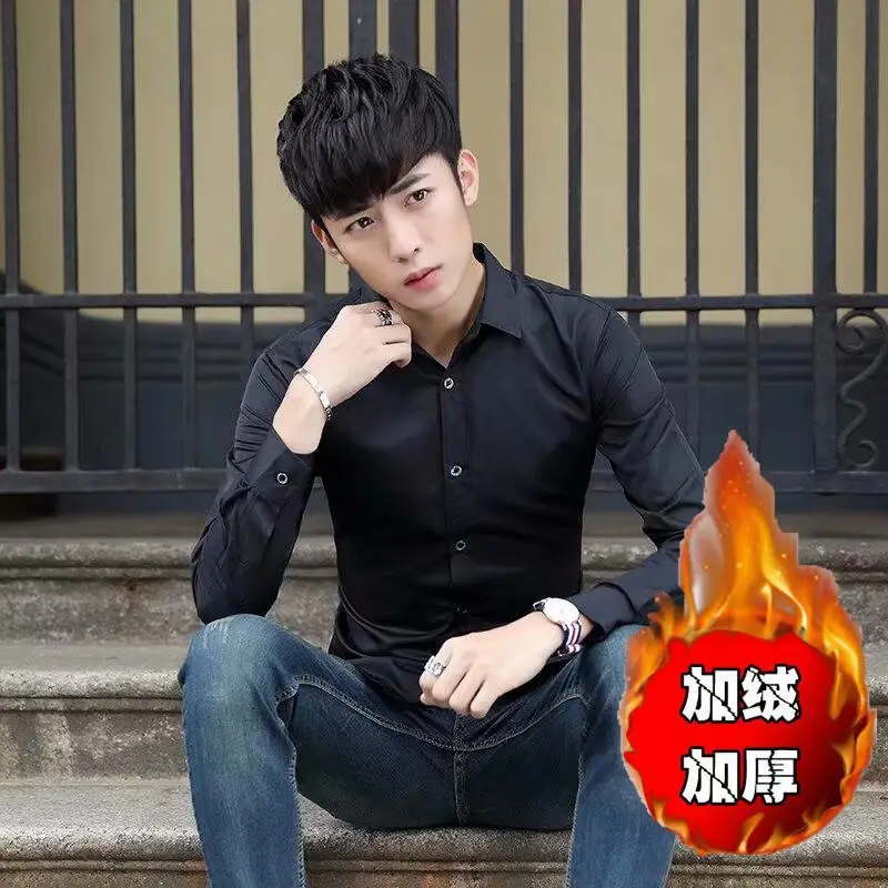 Men Fleece Long Sleeve Shirt Maroon Thick Warm - Image 2