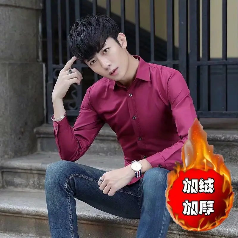 Men Fleece Long Sleeve Shirt Maroon Thick Warm - Image 3