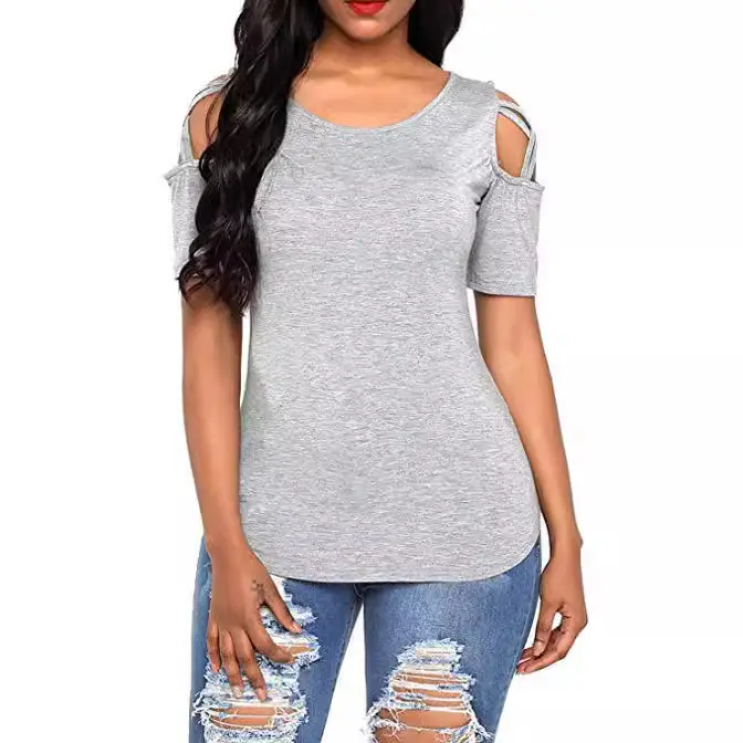 Women 2020 Summer Ripped Shoulder T-Shirt Maroon - Image 7