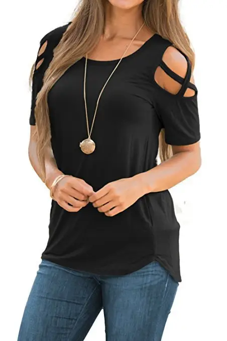 Women 2020 Summer Ripped Shoulder T-Shirt Maroon - Image 2