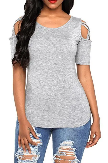 Women 2020 Summer Ripped Shoulder T-Shirt Maroon - Image 4