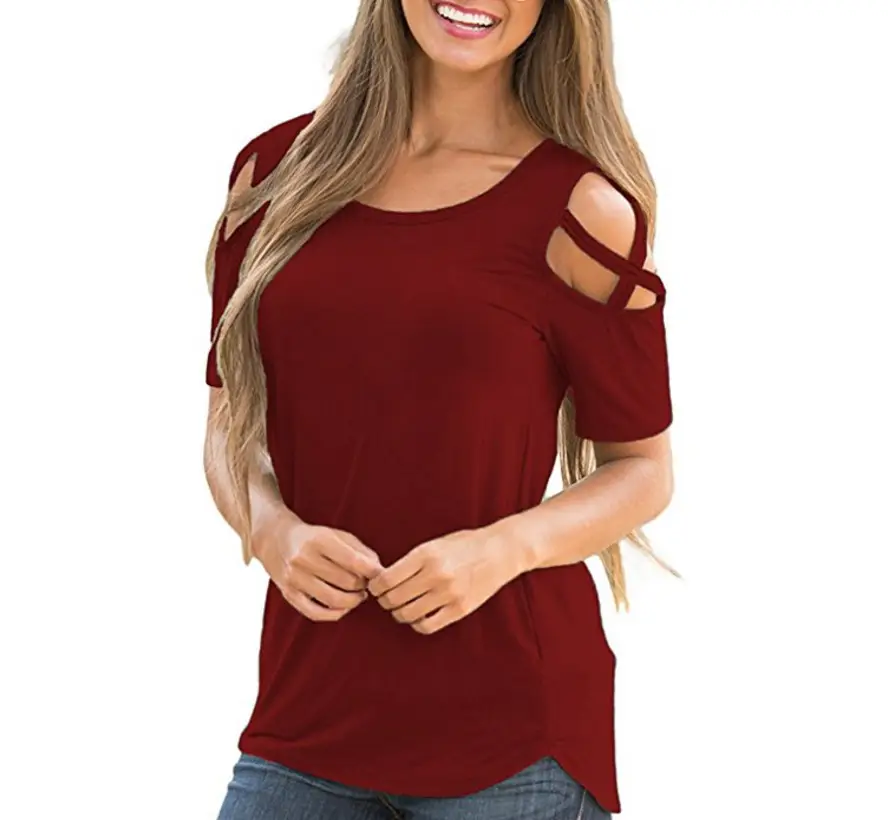 Women 2020 Summer Ripped Shoulder T-Shirt Maroon - Image 5